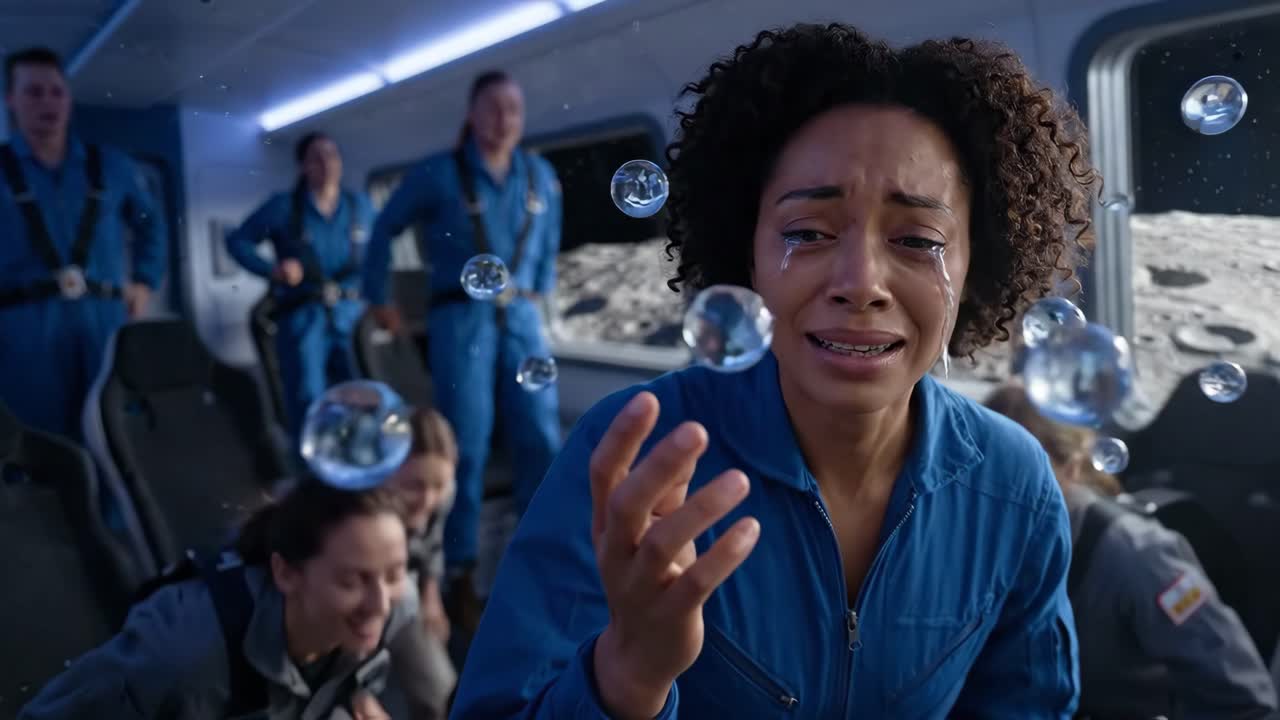 Følelsesladet astronaut græder tårer, der danner bobler i vægtløshed.