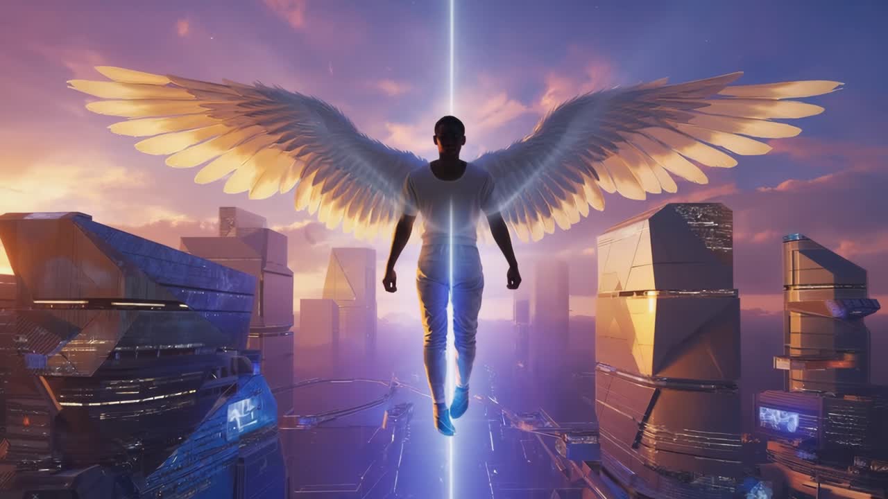 Angel Ascending in a Futuristic City