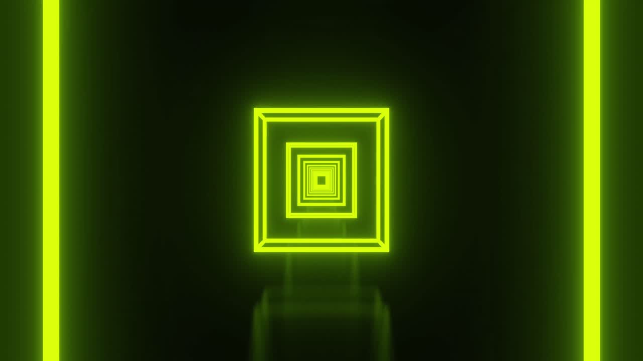 여러 개의 반 ⁇ 이는 네온 녹색 큐브가 끊임없는 루프로 움직이는 애니메이션