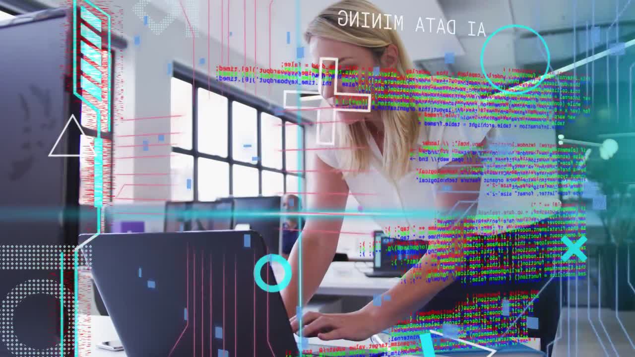 Analyst woman leaning to laptop, adjusting ear then typing while HUD overlays visualizing tech data