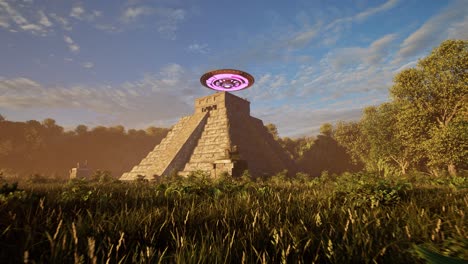 a ufo casting colorful lights, hovering above ancient mayan temple ruins in the jungle on sunset, with an alien standing idle and looking, 3d animation, animated scenery, camera zoom in from below