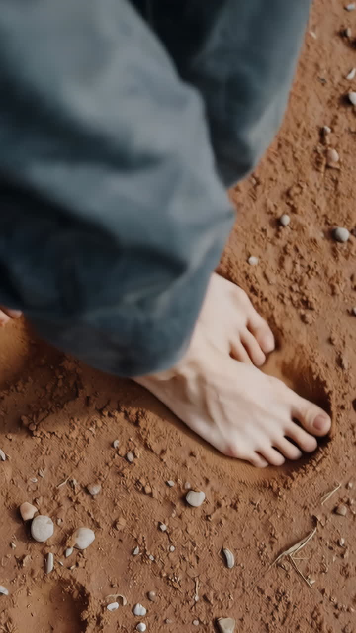 Bare Feet Walking and Making Footprints in Mud