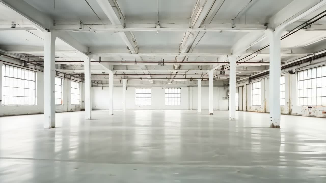 Wide-angle video shot of a spacious, empty industrial warehouse with high ceilings and large