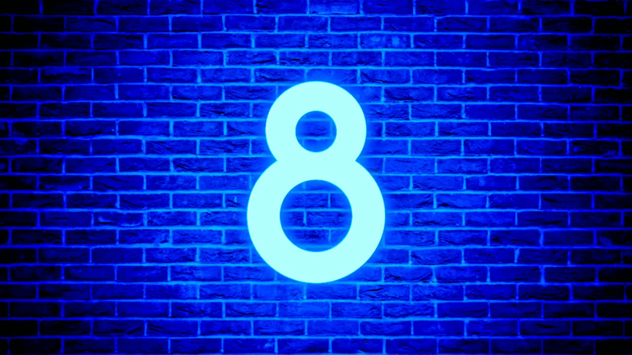 luz de neón número 8 ocho animación gráficos de movimiento moderno en el fondo de la pared de ladrillo