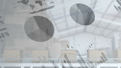 animation of statistics processing over cardboard boxes on conveyor belt in warehouse