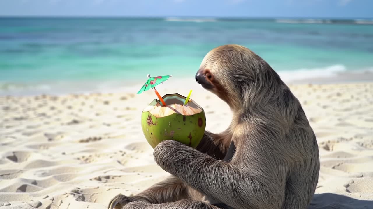 A Relaxing Sloth Enjoys a Refreshing Drink from a Coconut While Soaking Up the Sun on a Beautiful Beach, Perfectly Embracing Tropical Bliss