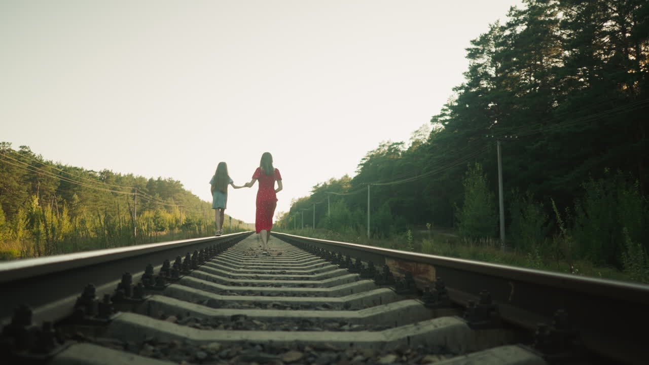 rear view of woman in red dress holding girl hand as they walk together on rail beam surrounded by forest trees with soft golden sunlight filtering through in calm, peaceful countryside setting