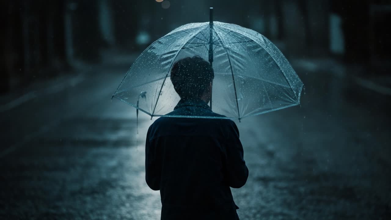 Person with an Umbrella in the Rain at Night