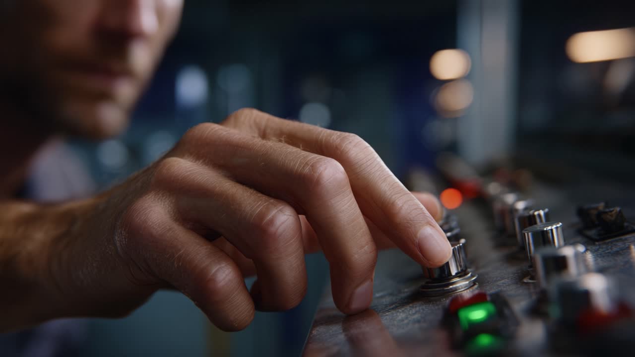 Focused Hand on Control Panel Adjusting Buttons, Highlighting Precision and Interaction with Technology, Capturing Details of a Complex System in Operation