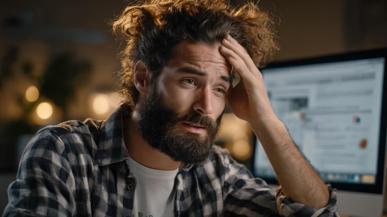 A Young Man in Distress: Captured Moments of Reflection and Frustration While Working on His Computer in a Dimly Lit Room