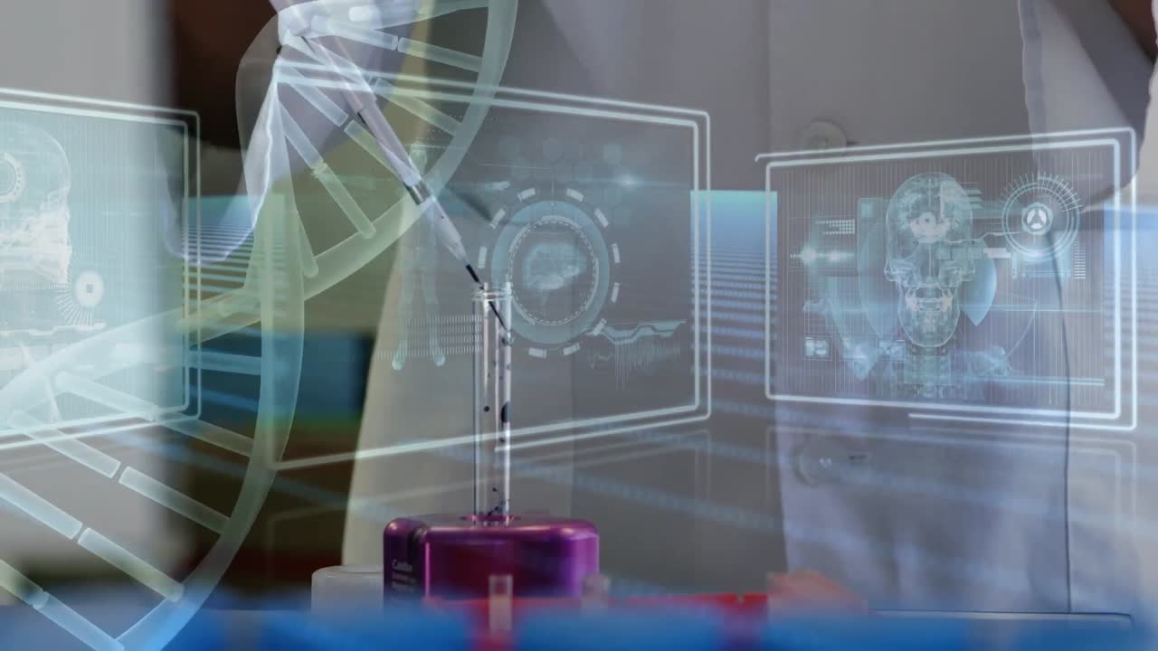 animación de la cadena de adn y procesamiento de datos sobre una científica biracial en el laboratorio