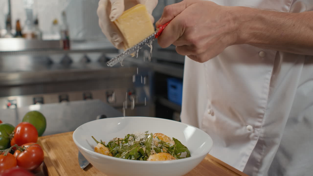 Chef grating cheese over a fresh salad in a professional kitchen