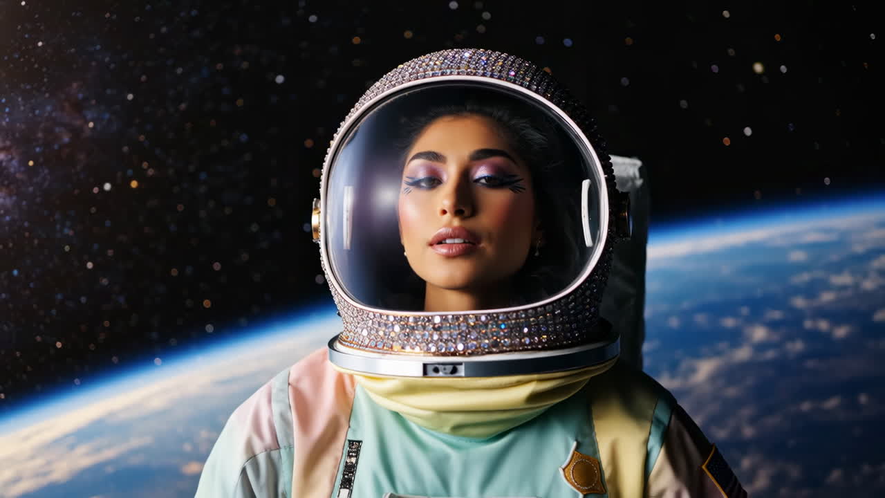 Woman in a Sparkly Astronaut Helmet in Space