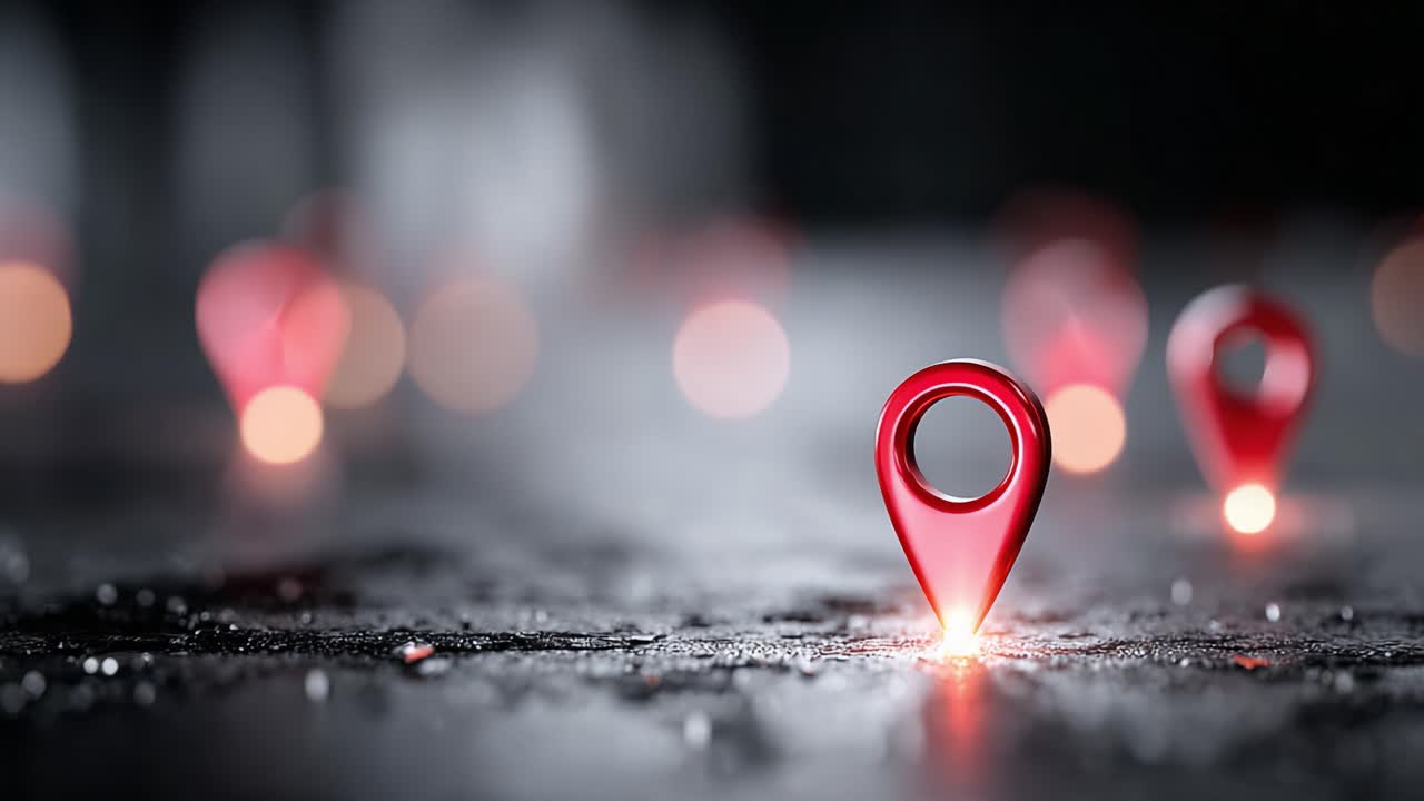 A Close-Up Perspective of Illuminated Red Location Markers on a Dark Surface, Highlighting Geolocation and Navigation Technology, Creating a Futuristic Atmosphere