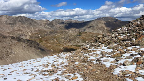 First-snow-blue-skies-top-of-the-Rocky-Mountains-Colorado-Mount-Sherman-Quandary-Rocky-Mountains-14er-landscape-Kite-Lake-Mount-Lincoln-loop-fourteener-hiking-trail-Bross-Cameron-Democrat-pan-left