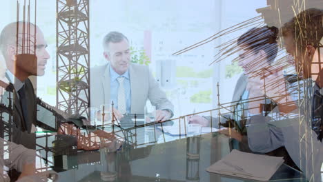 animation of building site over business people talking in office