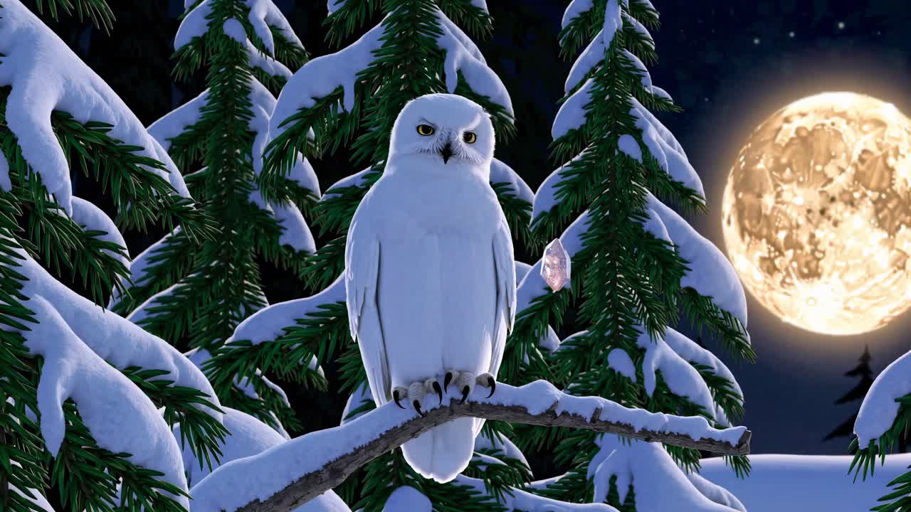 A snowy owl perched on a branch under a full moon, surrounded by snow-covered trees