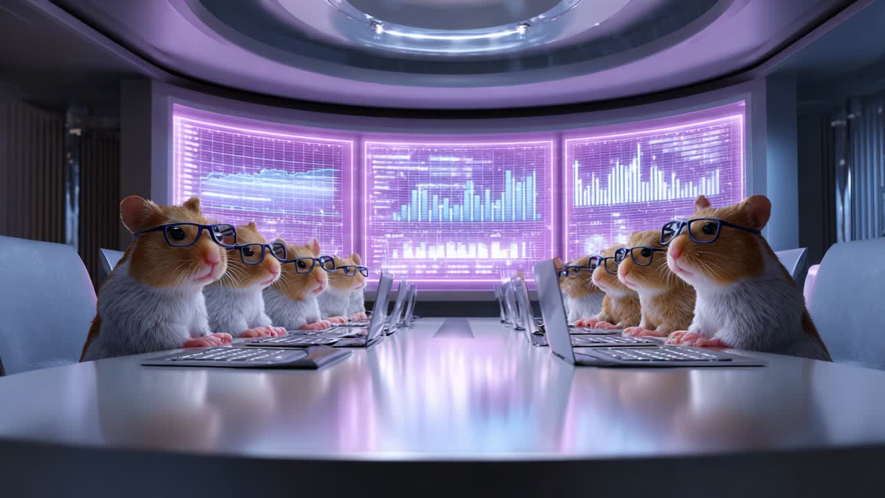A group of hamsters wearing glasses sits around a modern conference table featuring multiple screens displaying data and graphs, creating an amusing scene of tiny executives engaged in discussions