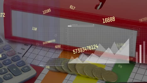 animation of data processing and diagrams over coins and calculator