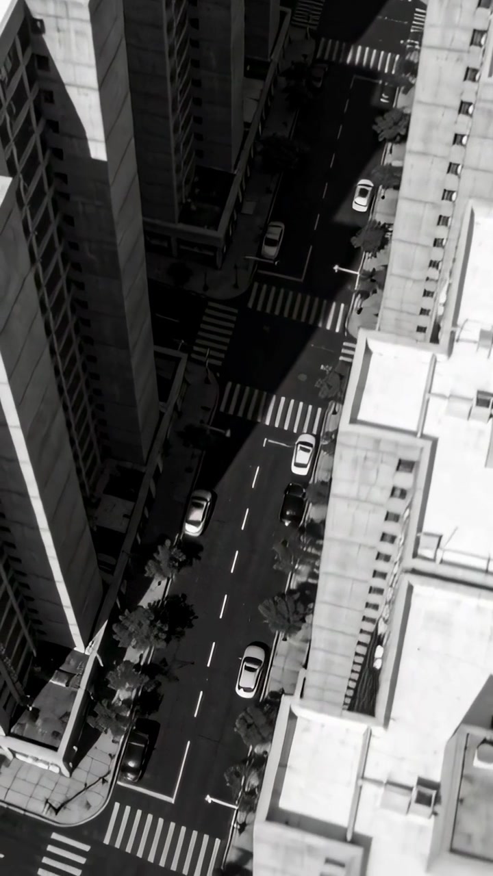 Vertical video: Panning drone cam down-right over city street revealing crosswalks and parked cars