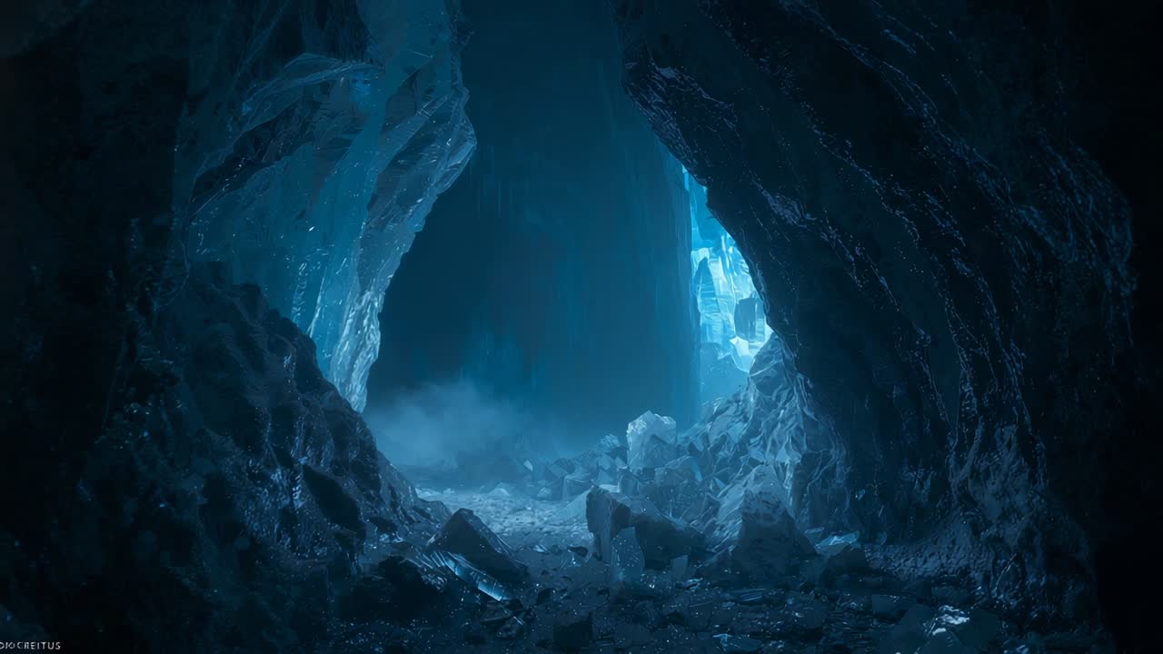 Filtering blue light streaming into ice cave, mist drifting past ice stalactites and ice crystals