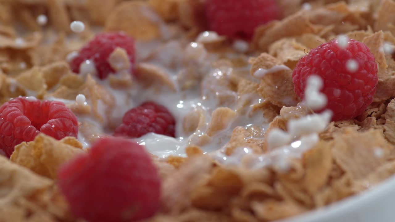 라즈베리가 느린 동작으로 시리얼의 그에 어지고 있습니다.