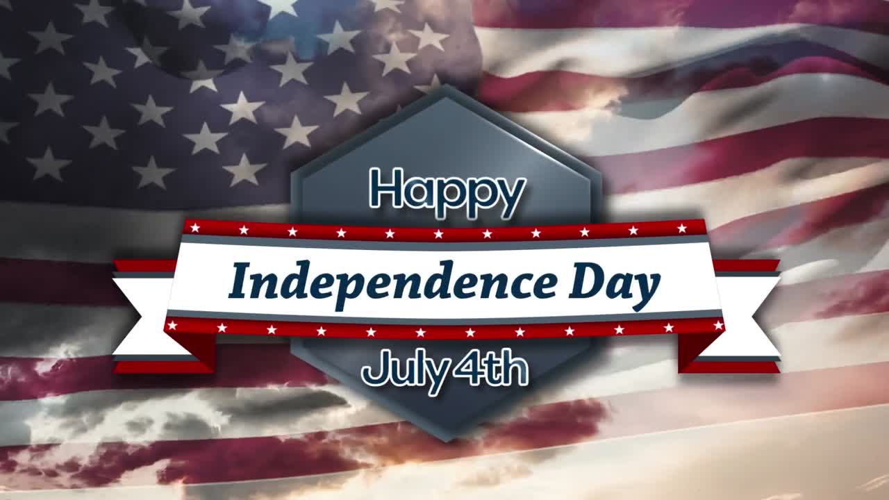 다채로운 콘페티가 미국  ⁇ 발에 맞서 독립기념일 텍스트로 떨어지고 있습니다.