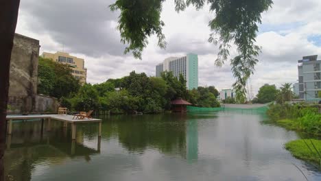 Wunderschöne-Grüne-Landschaft-An-Einem-See-In-Der-Stadt-Bangkok,-Thailand