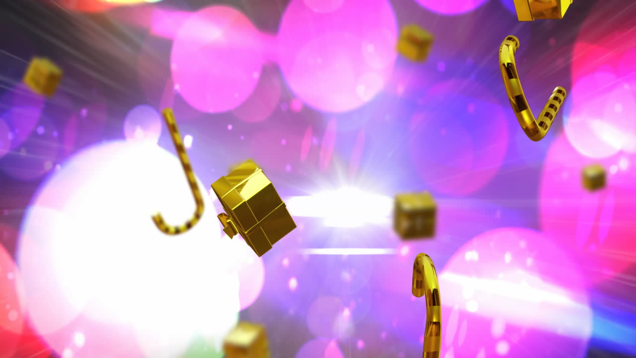 크리스마스 금 선물과 사탕 막대기가 배경에 빛의 반점 위에 떨어지는 애니메이션