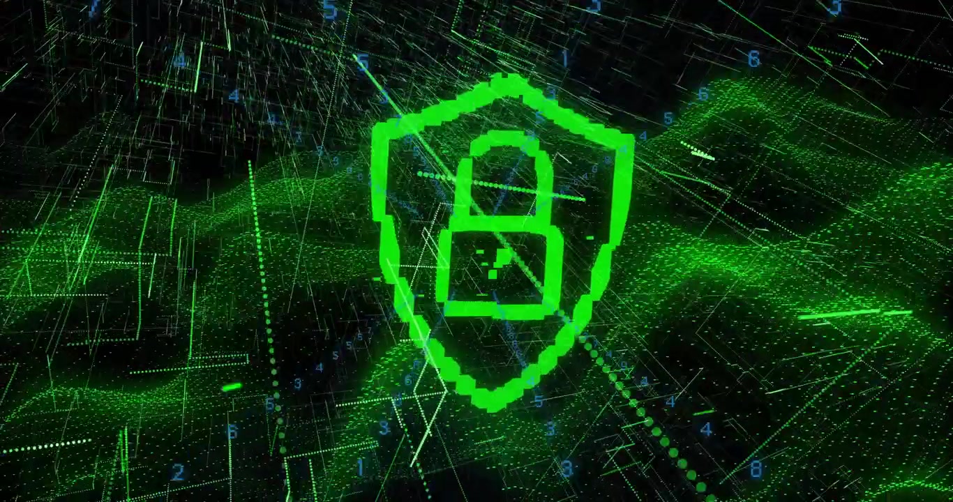Scudo pixelato tremolante che genera linee di dati, con i pixel che si fondono per formare un lucchetto che protegge le informazioni.