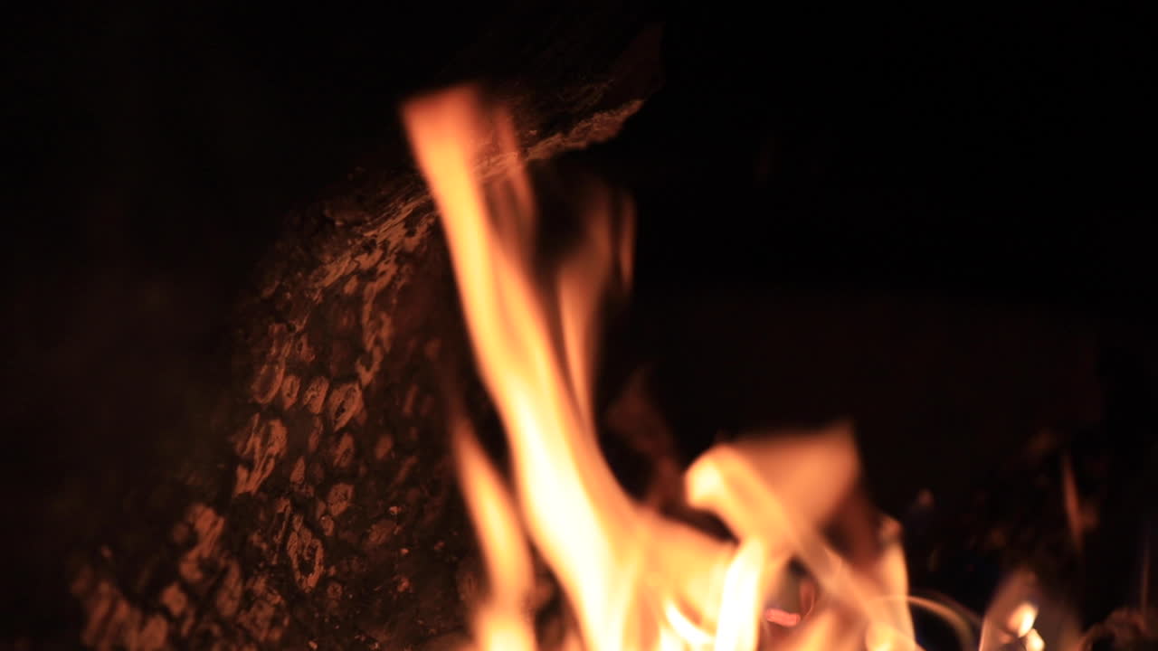 Close up shot of logs burning in a fire pit