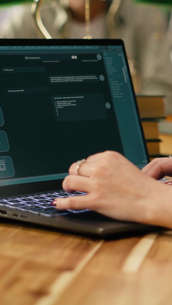 Vertical Video Student using AI study assistant interface on laptop during group study session