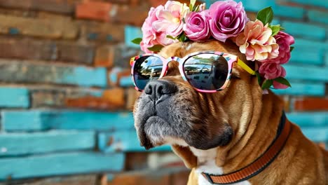 un perro con una corona de flores y gafas de sol