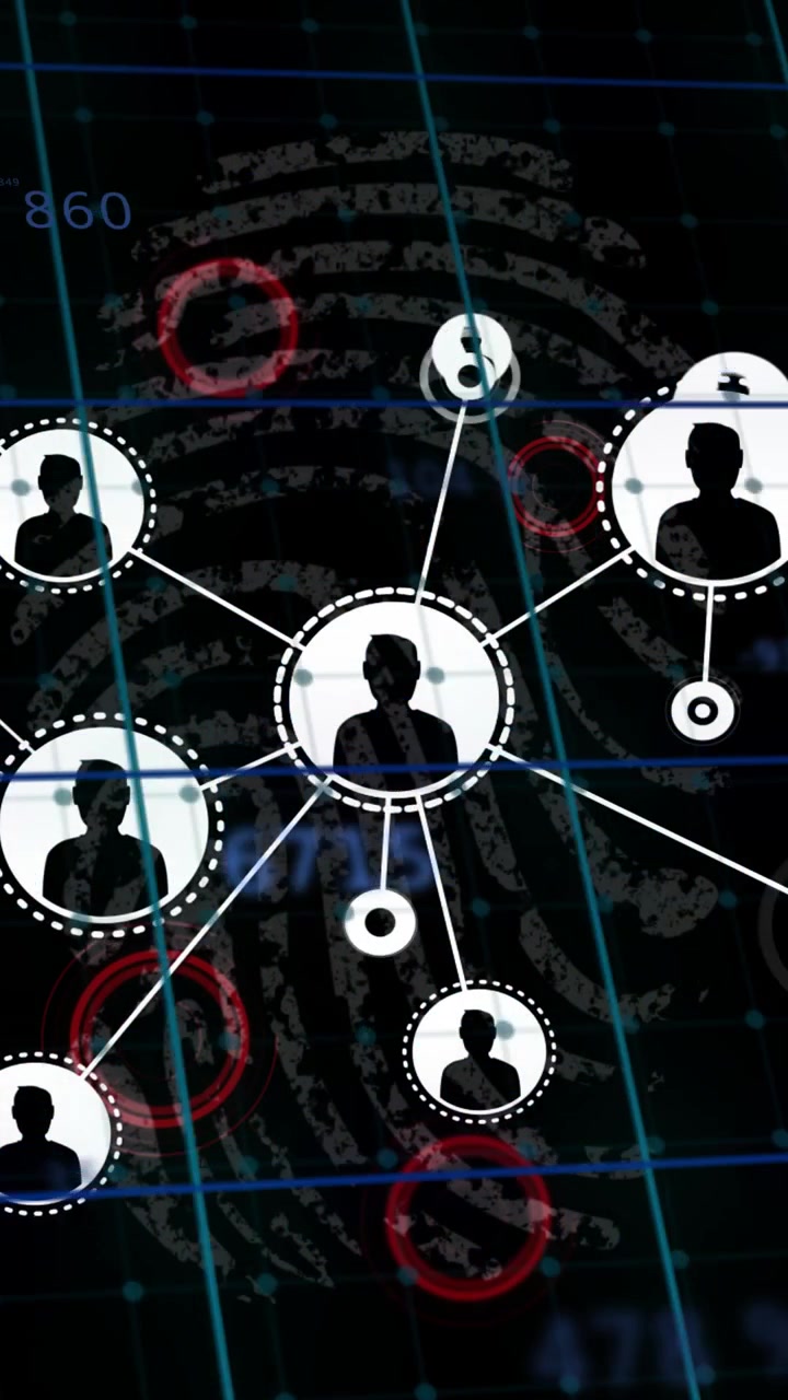 Video verticale: Punti rossi che appaiono, nodi che si uniscono al centro, un nodo che invia linee formando un hub di impronte digitali.