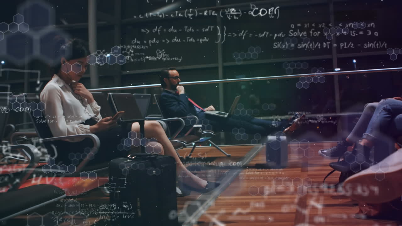 공항에서 기술을 사용하는 사람들 위에서 떠다니는 수학 방정식의 애니메이션