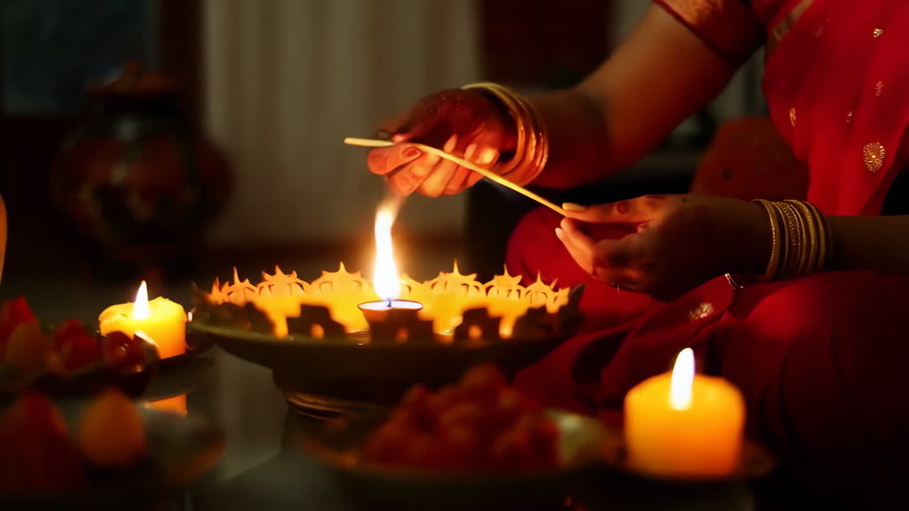 Indian Woman Lighting a Candle