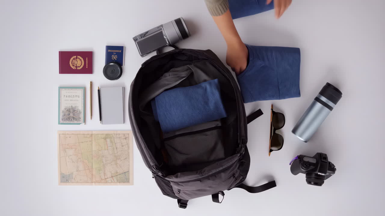 Overhead View of Person Packing a Backpack for a Trip