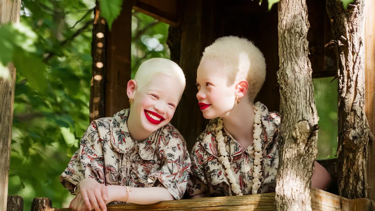 A Charming Moment of Togetherness: Two Joyful Individuals with Unique Features Share a Lighthearted Interaction in a Rustic Treehouse Surrounded by Lush Greenery