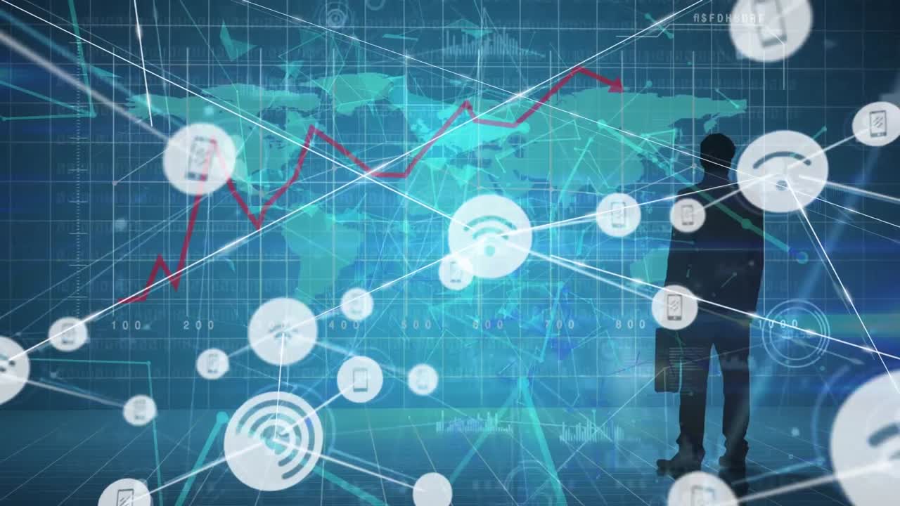 데이터 프로세싱의 애니메이션과 비즈니스맨과 파란색 배경 위의 아이콘