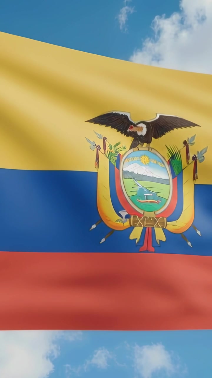 Video verticale: Bandiera nazionale dell'Ecuador che sventola e ondeggia nel cielo blu, una leggera brezza che solleva lo stemma.