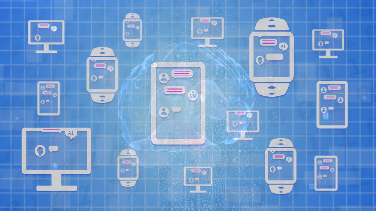 인간 뇌를 통해 전자 장치에서 온라인 ai 채팅 처리의 애니메이션