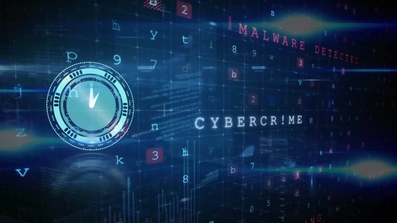 Animation of periodic motion of digital clock, lens flare, number, alphabet and multiple text