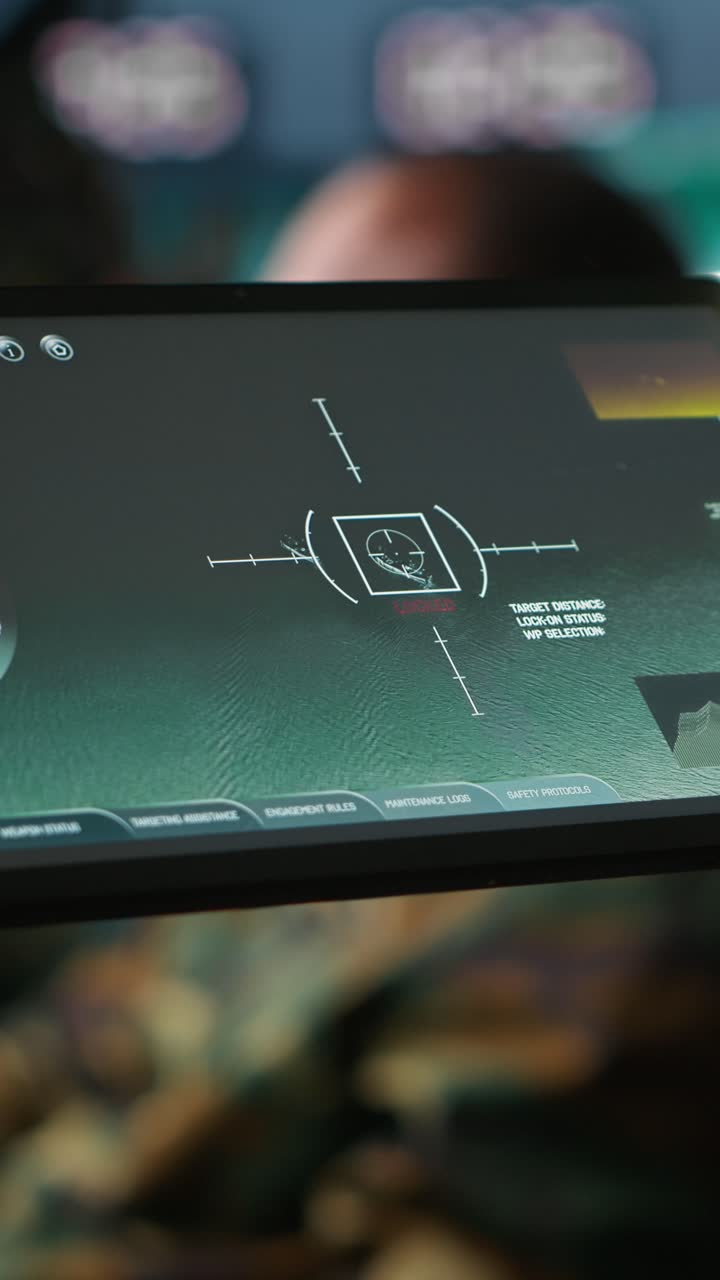 Vertical video Military agent working in control room, using software on tablet