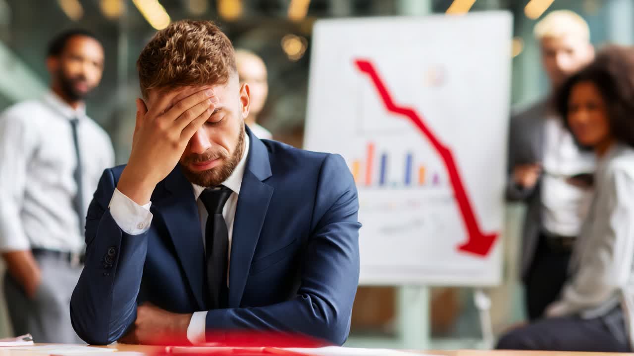 In a moment of distress, a businessman grapples with stress as he evaluates declining performance metrics and the surrounding team amidst tension in the corporate atmosphere