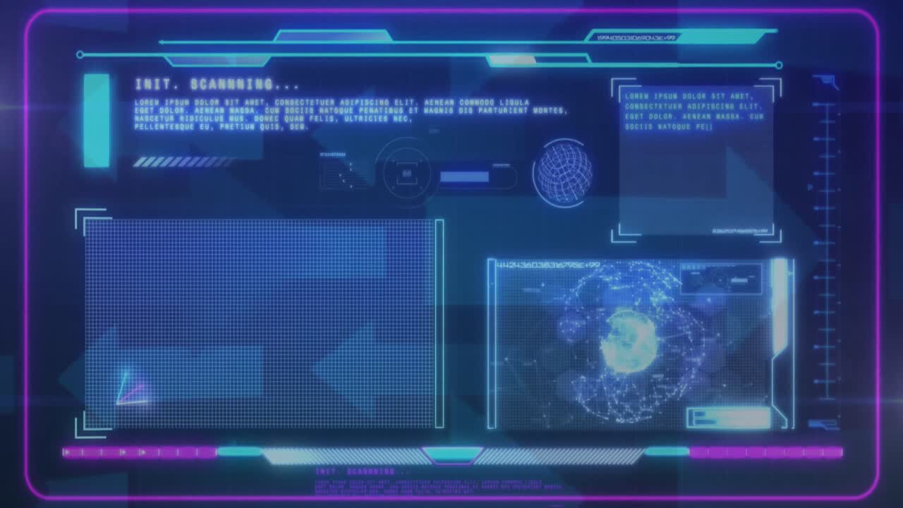Animation of interface with data processing over multiple arrow icons moving against blue background