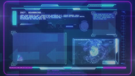 animación de la interfaz con procesamiento de datos sobre múltiples iconos de flecha que se mueven contra un fondo azul