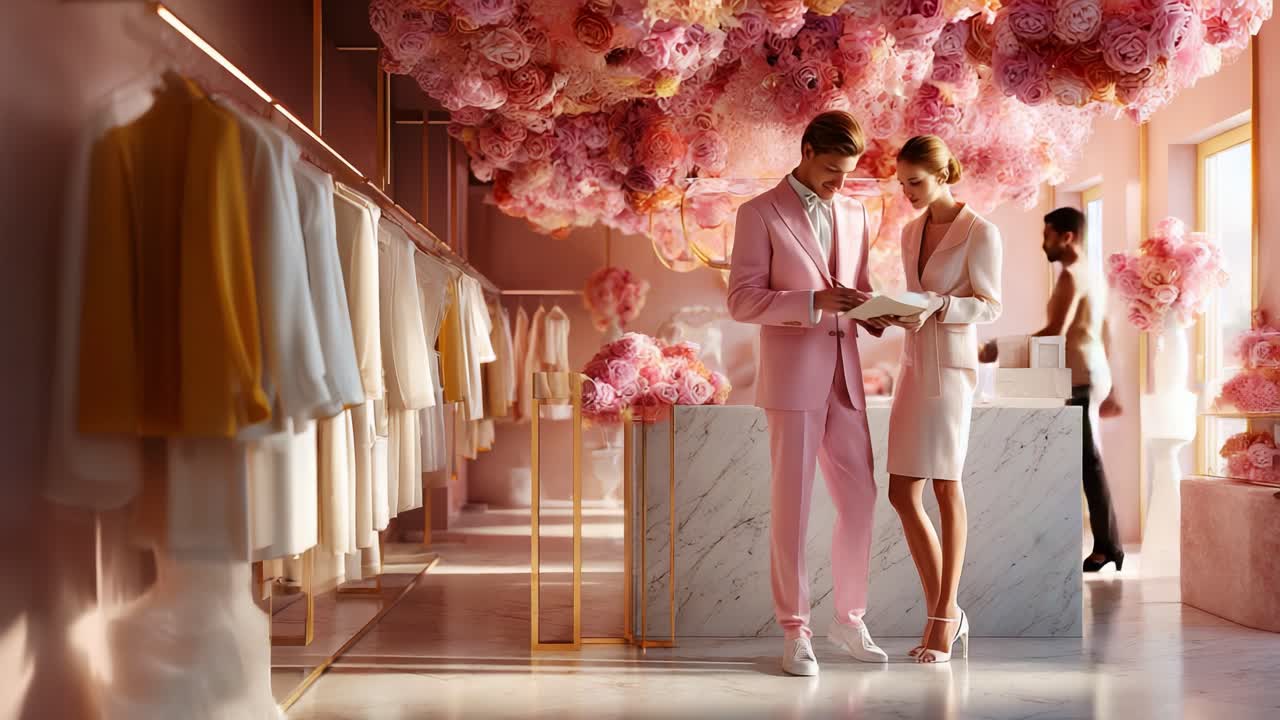 A Stylish Couple Engaged in a Thoughtful Conversation Amidst a Luxurious Boutique Decorated with Exquisite Pink Flower Arrangements, Showcasing Fashion and Elegance