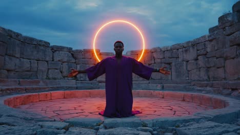 mystical figure in ancient stone circle with glowing halo