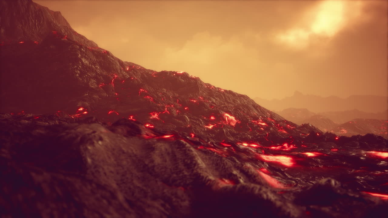 campo de lava negra con flujo de lava rojo naranja caliente al atardecer