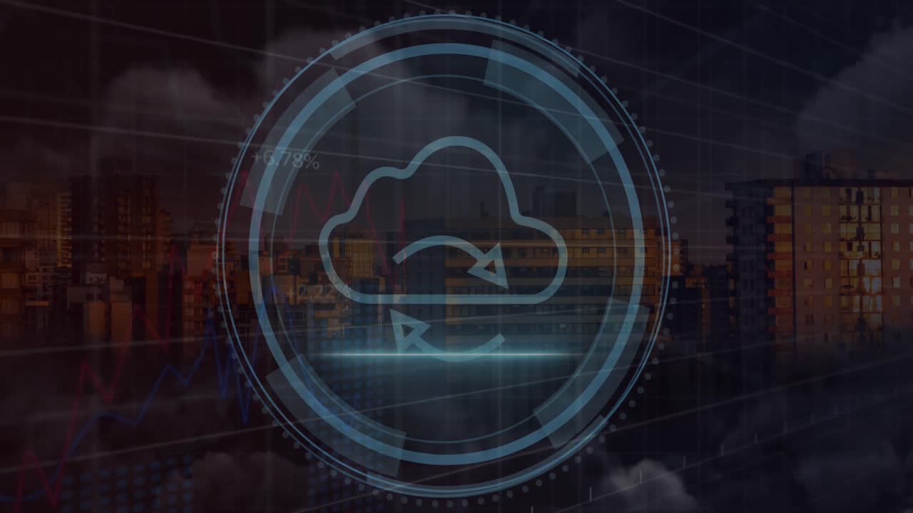 Animation of icons and data processing over cityscape